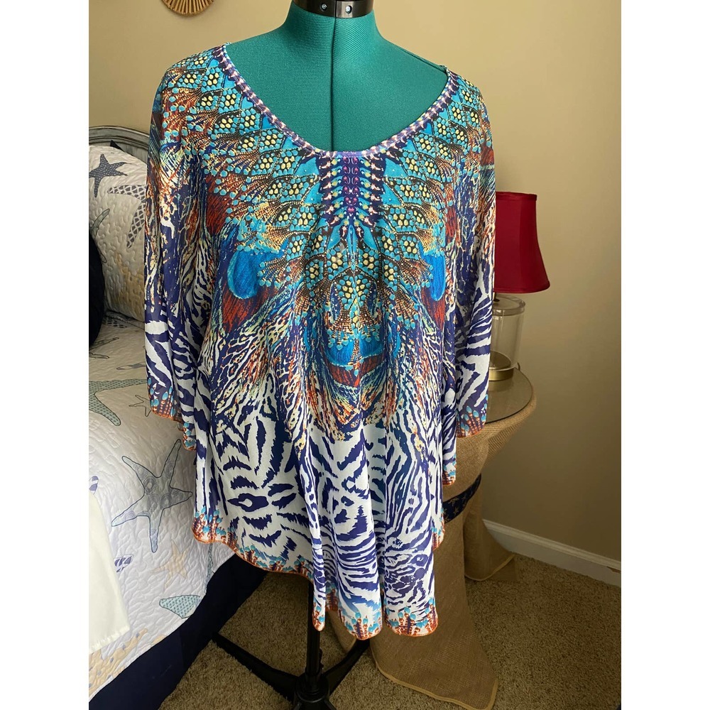 Batwing Blouse One Size Jennifer Rose NY Animal Print Rhinestone Detail NEW